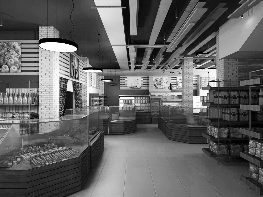 Interior design for a grocery store in Moscow